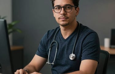 A professional Brazilian man with glasses, a psychologist, in a clean, modern workspace with dark gray tones.