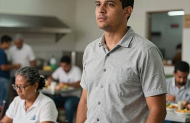 A Brazilian man in casual professional attire, standing in a community kitchen area during a 'Café com o Trabalhador' event.