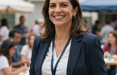 A candid shot of a professional Brazilian woman in her 40s, a coordinator of social projects, smiling warmly in a bright urban community setting.