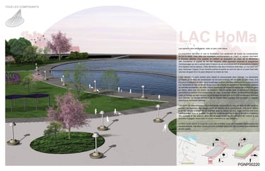 a landscaped image of a lake with a large circular shaped area