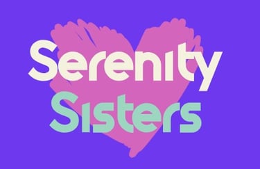 The words Serenity Sisters with a pink heart in the background