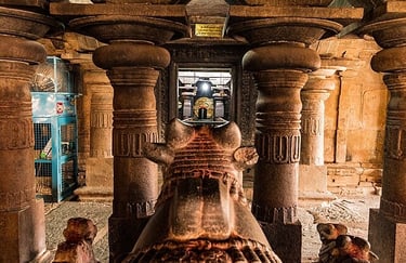 Interior of Bhoga Nandeeshwara Temple showing the sacred Nandi statue facing the Shivalinga, located near Nandi Hills