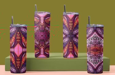 three different colored tumblers with a green background