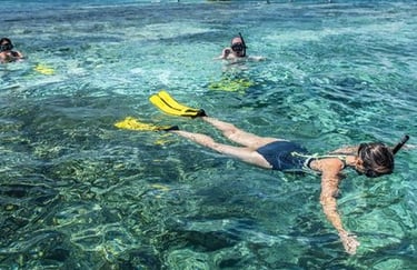 Tourists snorkeling on a Mnemba Island Zanzibar day tour with crystal-clear waters and tropical marine life