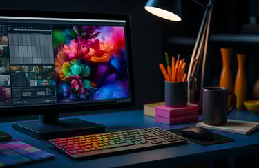 A modern designer’s workspace featuring a high-resolution monitor