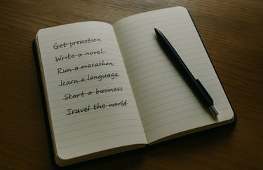 An old notebook with goals crossed out symbolising outdated ambitions.