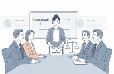 Founder demonstrating quiet, judgment-based confidence during investor pitch discussion.