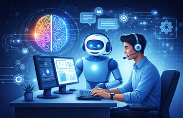 Human agent and AI working together (hybrid model).