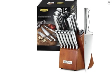 a knife and knife set with a box of knives