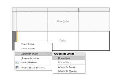 Screenshot of a Tablix data table context menu in Portuguese showing how to add a parent row group.