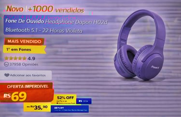 Purple Dapon H02d Bluetooth 5.1 wireless headphones on a wooden surface with sales price and ratings.
