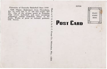 1952 Cliff Hagan University of Kentucky Basketball Stars 1950 Postcard Rookie Card Hall of Fame (bac
