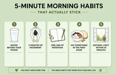 infographic showing 5 minute morning habits that actually stick - water before phone, movement