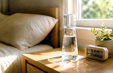 glass of water on nightstand before checking phone — healthy morning habits for women
