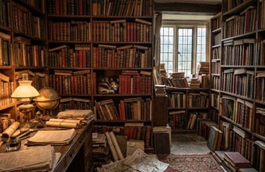 Easy hidden cat puzzle in a clean, well-lit library with neat bookshelves.