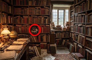 Solution to the easy spot the cat puzzle, showing the cat sitting quietly on the middle shelf.