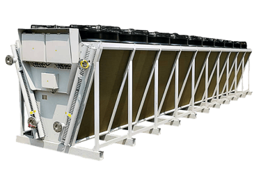 Large industrial dry cooler unit with V-shaped condenser coils and multiple top-mounted cooling fans.
