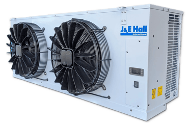 White J & E Hall commercial refrigeration condensing unit with dual fans for cellar cooling systems.