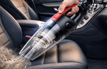 Aspirador portátil sem fio limpando banco de carro com alta sucção potente e uso automotivo