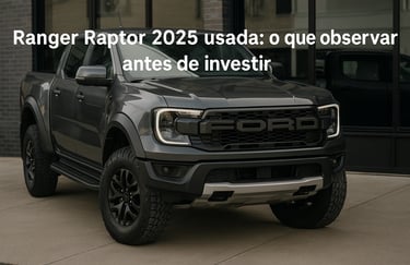 Ford Ranger Raptor 2025 cinza estacionada em frente a loja de carros, destacando porte e visual robu