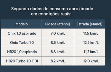 Consumo real Onix vs HB20: tabela comparativa de km/L na cidade e estrada com etanol.