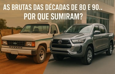 Imagem dividida com fusão suave mostrando, à esquerda, uma Chevrolet D-20 branca com faixa verde est