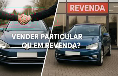 Comparação entre venda particular e revenda: carro Volkswagen azul ao centro, com aperto de mãos à e
