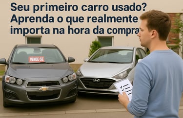 Jovem com checklist observa dois carros usados com placa “Vende-se” em rua residencial tranquila.