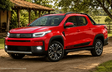 Fiat Strada 2027 cabine Plus vermelha em sítio com faróis acesos