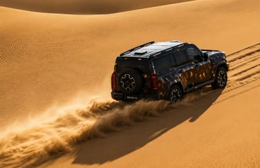 Geely Cruiser 700 cruzando dunas com rastro de areia em cenário desértico off-road