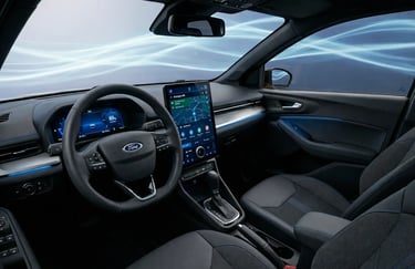Interior do Ford Ka-E conceito elétrico com painel digital moderno e central multimídia avançada