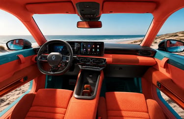 Interior do Renault 4 JP4x4 com acabamento laranja e vista para a praia.