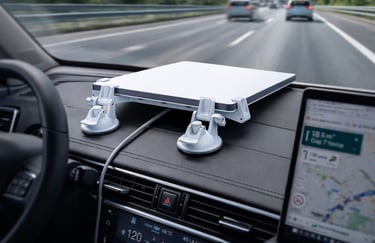 Starlink Mini no painel do carro funcionando em estrada com internet via satélite em movimento