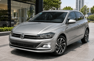 Volkswagen Polo Highline usado prata em frente a showroom urbano