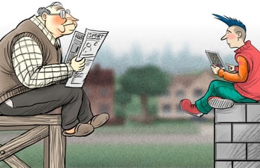 Old man reading newspaper and young boy using smart phone