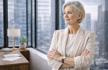 Confident business woman in a high-end office representing the results of strong brand strategy, clear brand positioning