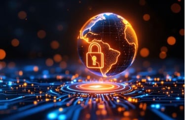 Digital globe with padlock over circuit network, symbolizing global cybersecurity & cloud security.
