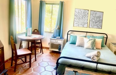a bed room with a bed and a desk