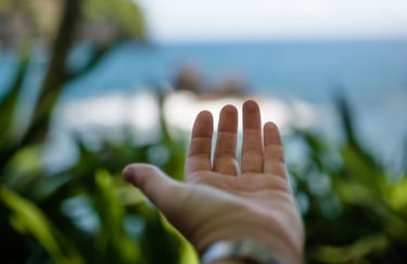 a person holding their hand out to the ocean