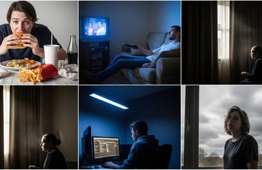 Ein Foto-Collage, die verschiedene Ursachen von Müdigkeit darstellt, darunter Fast Food, Bewegungsma