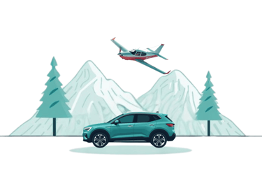 llustration of a teal car and small airplane with mountain and tree background, representing optiona