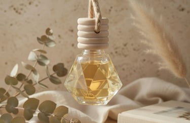 Geometric glass car air freshener hanging with wooden lid near eucalyptus and pampas grass.