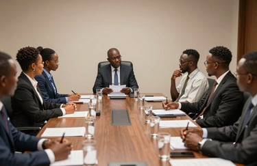 Environmental shot of a policy dialogue roundtable, young African professionals seated in a semicircle in a government-style conference room, one participant standing to present, papers and water glasses on the table, overhead natural light