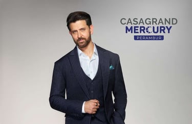 Hrithik Roshan in a pinstripe suit for Casagrand Mercury Perambur real estate advertisement.