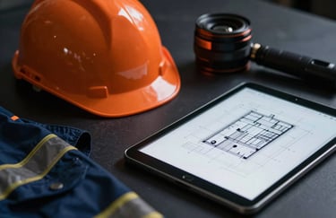 An elegant, technical close-up of high-visibility safety gear and a digital tablet showing architectural blueprints. The composition is clean and modern, featuring deep navy shadows and bright orange highlights from the safety equipment, illuminated by sharp studio lighting.