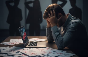 Frustrated startup founder with a messy, rejected pitch deck showing common mistakes that cause inve