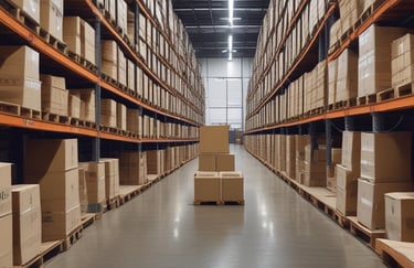 A warehouse is filled with shelves and boxes.