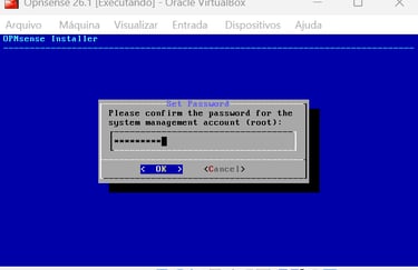 Prompt de comando do instalador do OPNsense solicitando confirmação da senha do root