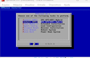 Assistente de instalação do OPNsense destacando a opção do sistema de arquivos UFS para formatação d