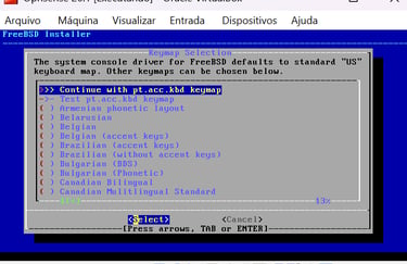 Assistente de instalação do OPNsense aplicando configuração do teclado